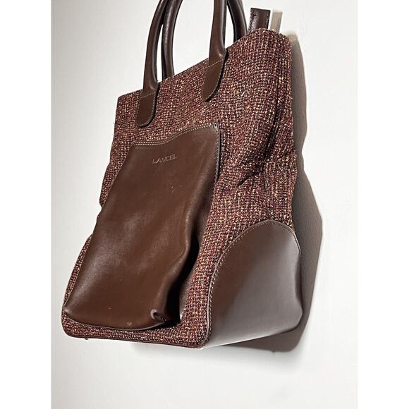 Lancel EUC Brown Tweed Leather Bucket Satchel Bag Handbag Purse - Picture 2 of 7